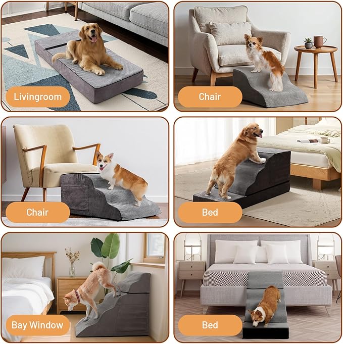 6-Step Dog Stairs – Non-Slip Pet Ramp for Bed, Couch & Car, Wide Steps for Puppies & Senior Dogs, Sturdy Grey 43.3"x19.7"
