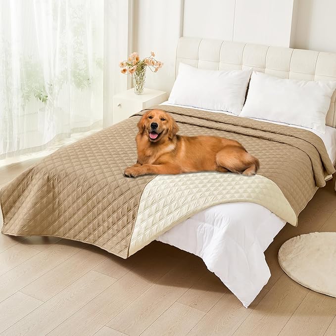 Smiry Waterproof Dog Bed Cover Pet Blanket, Soft Washable Dog Blanket for Furniture Bed Couch Sofa Reversible, Checkered (82"x120", Camel/Beige)