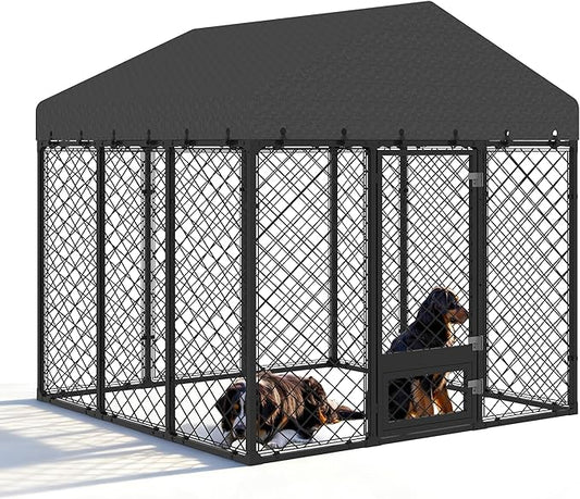 6x6FT Heavy Duty Outdoor Dog Kennel with Roof – Large Dog Enclosure & Weatherproof Dog House, Secure Metal Fence Playpen with Double Lock & Feeding Swivel Door for Big Dogs