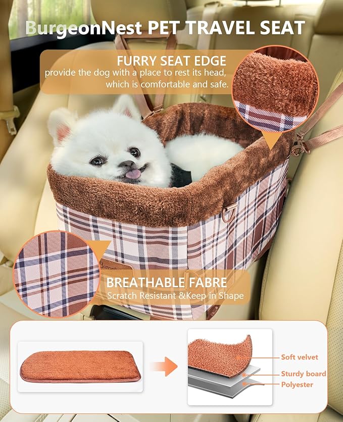 Center Console Dog Car Seat, Puppy Carseat for Small Dogs, Cat Car Seat with Metal Frame and Double Protection Seat Belts, Pet Booster Seat with Washable Cushion and Clip-on Leash Cute Plaid