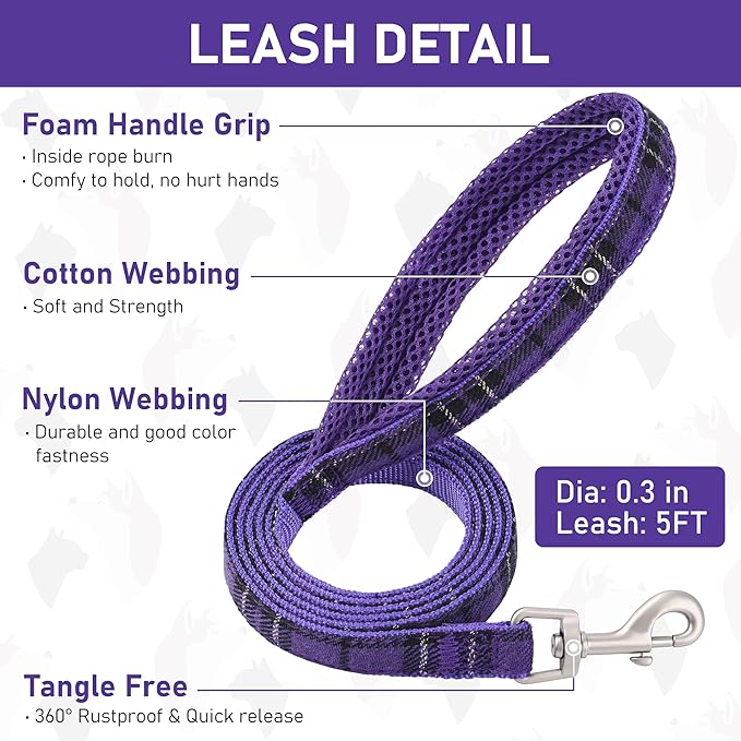 GAMUDA Small Dog Harness Collar and Leash Set, Step in No Chock No Pull Soft Mesh Adjustable Dog Vest Harnesses Plaid Reflective for Dogs Puppy Cats Kitten Rabbit (Purple, S)