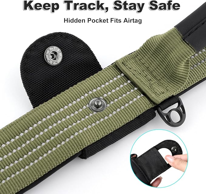 Plutus Pet Tactical Dog Collar with Tracker Packet for AirTag, Adjustable Reflective Nylon Collar, Metal Buckle, Leather-Wrapped Handle, Soft Padded for Medium Large Dogs (Ranger Green, L)