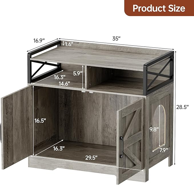 35" Ultra-Large Cat Litter Box Enclosure, Hidden Litter Box Cabinet with Anti-Tipping Fence and 2 Open Drawers, Enclosed Litter Box Furniture End Table, Grey
