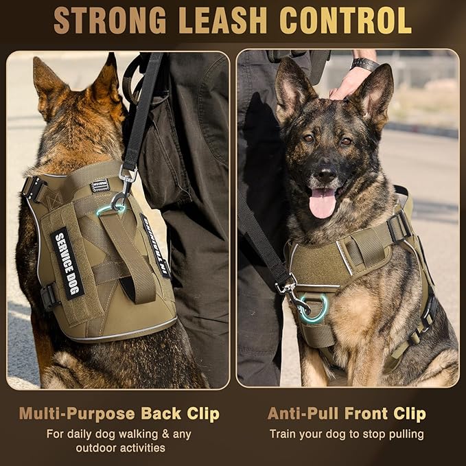 WINSEE Tactical Dog Harness for Large Dog, Heavy Duty Service Dog MOLLE Vest with 10 Pet Patches, No Pull Military Working Vest for Training Hunting Walking