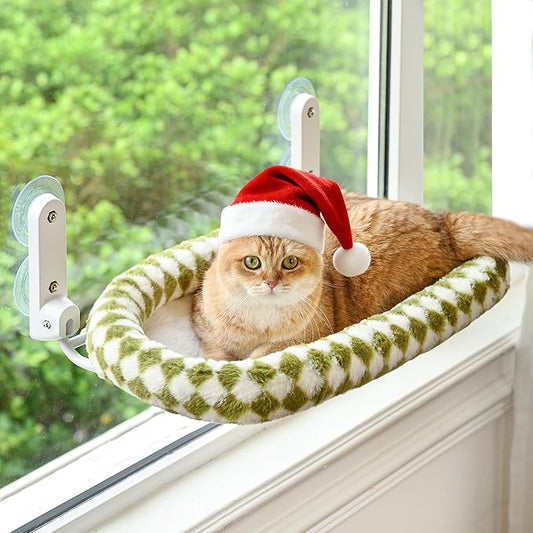 Cat Window Perch with Bolster, Cordless Foldable Cat Window Hammock with Strong Suction Cups & Metal Frame, Machine Washable Pet Bed for Indoor Cats (Green, Medium)