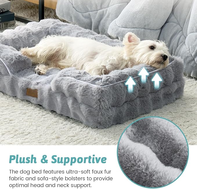 Orthopedic Dog Bed for Extra Large Dog, Soft and Warm Faux Fur Sofa for Giant Pet Up to 150 lbs, Foam Bolster Anti-Slip Couch with Washable Removable Cover, XXL 48x35x8 inch, Grey