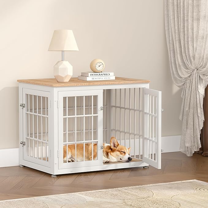 32 Inch Heavy Duty Dog Crate Furniture for Medium and Small Dogs, Decorative Pet House End Table, Wooden Cage Kennel Furniture Indoor, Natural and White