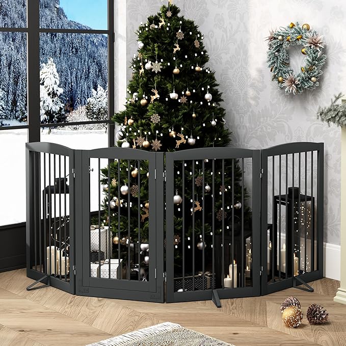Freestanding Dog Gates with Door Walk Through, Pet Gate for Stairs, 80 inch Wide Gates Indoor, Dog Fences Indoor, Support Feet Included, 4 Panels, 32" Tall, Grey