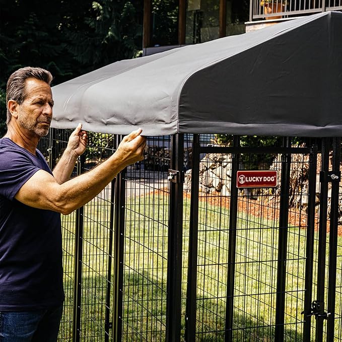 Lucky Dog® Stay Series® Villa Kennels - 4x8x6 ft - Black Powder Coat Steel Frame - Large Outdoor Dog Kennel with Waterproof Canopy Roof and Single Gate Door - Grey