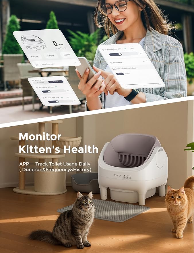 Automatic Cat Litter Box Self Cleaning, App Control, Open-Top Automatic Litter Box with Safety Sensors, Ultra-Quiet, 10L Waste Bin with Odor Control, 2 Rolls of Garbage Bags, Champagne