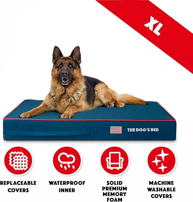The Dog’s Bed Orthopedic Memory Foam Dog Bed, XL Blue Oxford with Red Trim USA Flag 46x28, Pain Relief for Arthritis, Hip & Elbow Dysplasia, Post Surgery, Supportive, Calming, Waterproof Washable