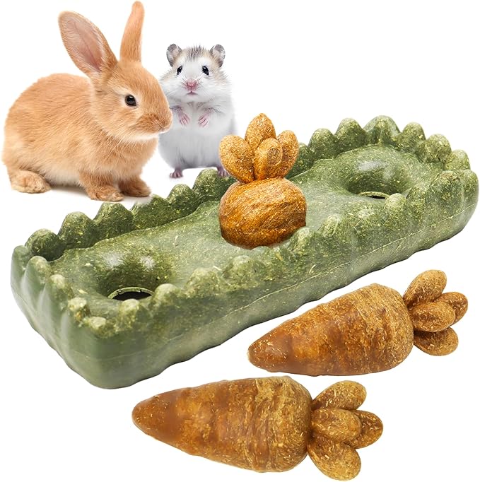 TEEWY Guinea Pig Chew Toys, Prevent Teeth Overgrowth, Natural Timothy Grass & Vegetables, Hamster Chew Toys, Guinea Pig Toys, Chinchilla Toys, 4PCS, Grass Patch & Carrots