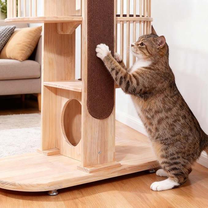 Natural Solid Wooden Cat Tower, 67''Modern Multi-Level Cat Tree Tower, Cat Tower for Indoor with Sisal Scratching Post Luxury Large Cat Furniture，Brown