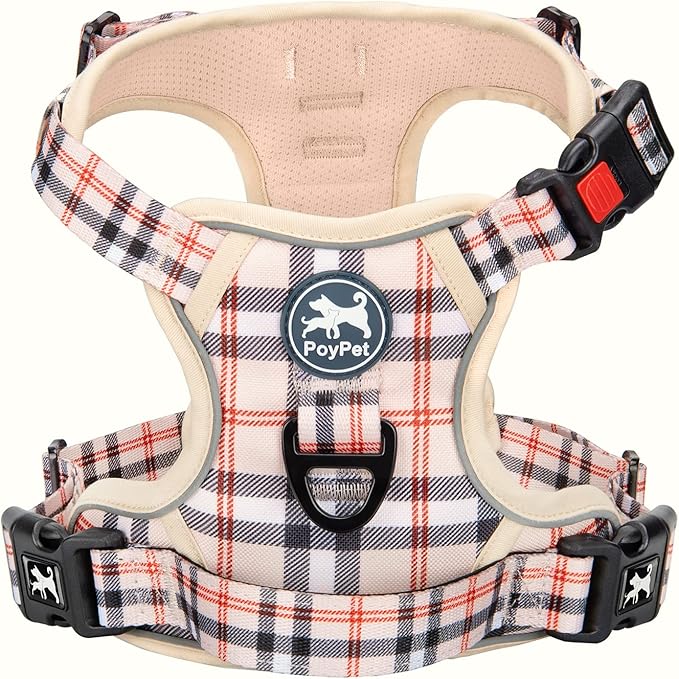 PoyPet Plaid Dog Harness, No Pull Front Clip Pet Vest Harness, Soft Padded Reflective Adjustable Walking Harness with Handle for Medium Dogs(Checkered Beige,M)