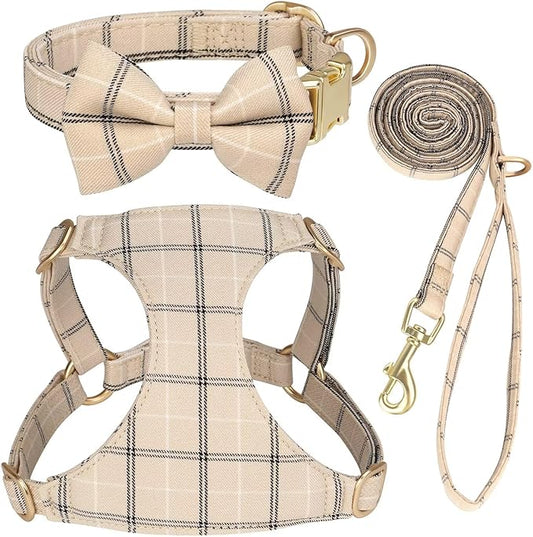 Beirui Cute Small Dog Harness Collar and Leash Set with Bowtie, Soft Adjustable Plaid Puppy Harness for Small Sized Dogs Cats Walks Parties and Photoshoots(Beige,S:Chest 17-23")