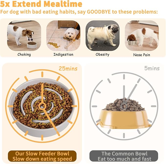 Elevated Slow Feeder Dog Bowl - Ceramic Maze Food Dish with Bamboo Stand - Raised Feeding Bowl for Fast Eaters - Ideal for Small and Medium Dogs - Grey - 6.7 inch