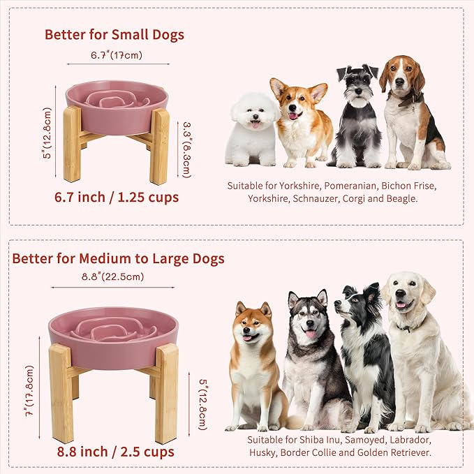 Elevated Slow Feeder Dog Bowl - Ceramic Maze Food Dish with Bamboo Stand - Raised Feeding Bowl for Fast Eaters - Ideal for Small and Medium Dogs - Pink - 6.7 inch