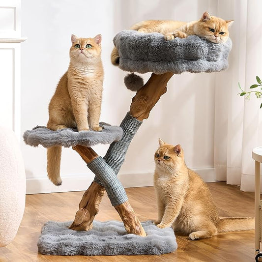 Cat Tree Modern Sturdy Solid Wood Cat Tower for Large Cat with Scratching Post for Indoor, Multifunctional Cat Tower with Cozy Bed and Platforms