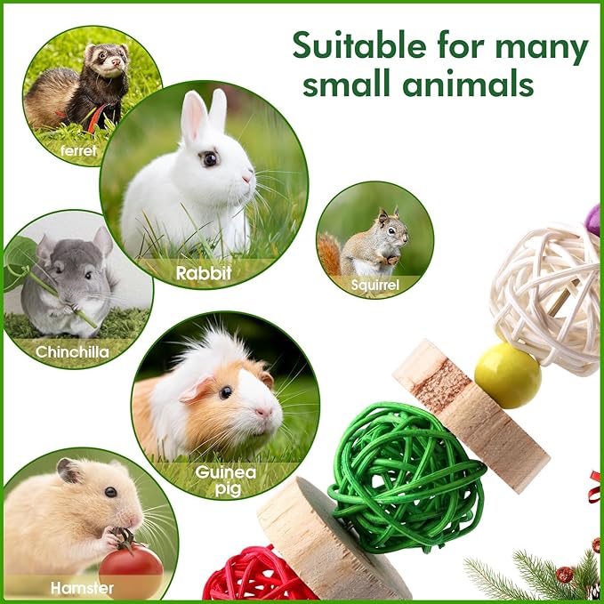 Abizoo Christmas Guinea Pig Chew Toys, Rabbit Chew Toys Hamster Bunny Treats Wood for Chinchilla, Hanging Christmas Themed Decor Cage Accessories for Small Animals pet Teeth Enrichment Gifts