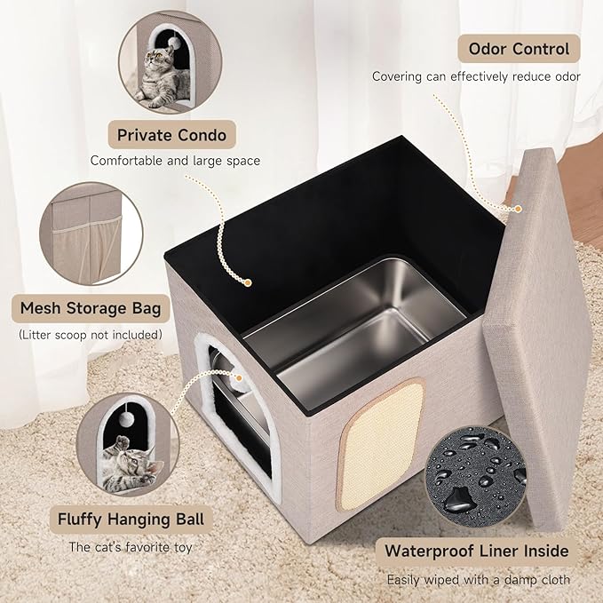 Cat Litter Box Enclosure, Foldable Hidden Litter Box with Mesh Storage Bag, Litter Box Furniture Hidden with Waterproof Inside, Easy Clean, Odor Control, Easy Assembly, 21.6”L x 17.7”D x 17.7”H, Beige