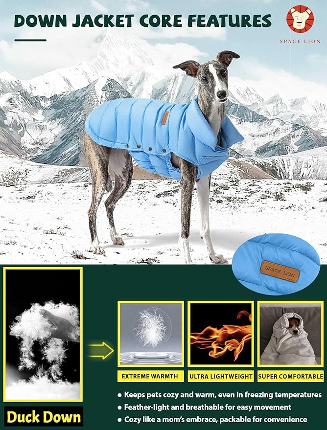 SPACE LION Dog Puffer Jacket, Down Winter Coat, Durable Outdoor Coat for Cold and Windy Conditions, Lightweight & Adjustable Fit Coats for Medium & Large Dogs, (Alaskan Blue, Size 16 Gift Box)