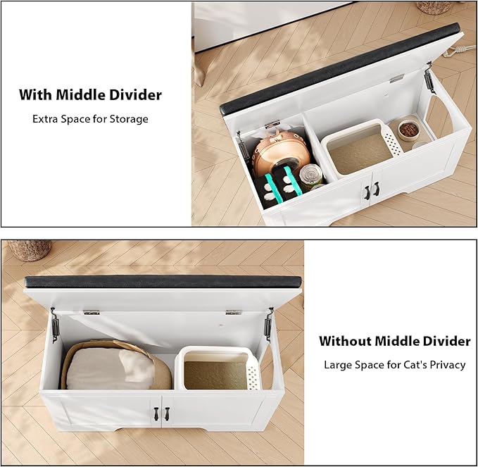 Modern Cat Litter Box Enclosure, 39" Hidden Litter Box Furniture with Removable Padded Seat Cushion, Flip-Top Design, Cat Washroom Bench with Storage Cabinet, Fit Most of Litter Box,White