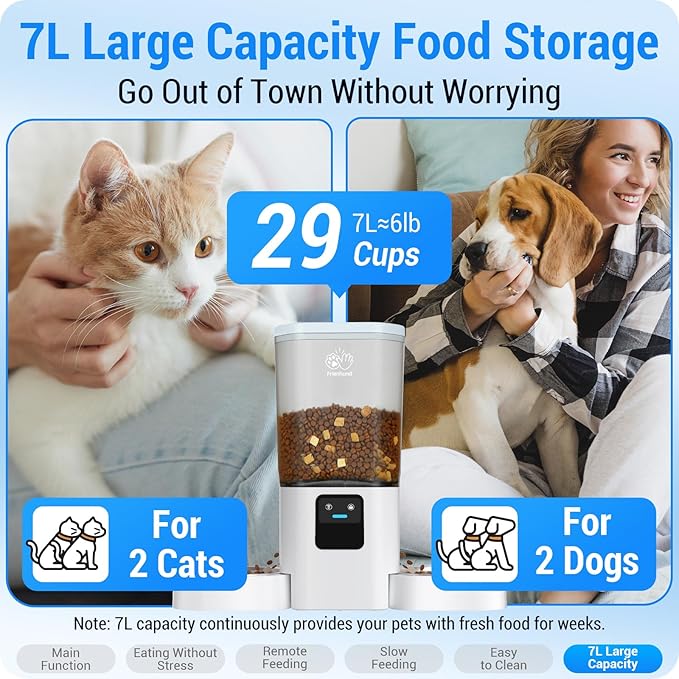 Automatic Cat Feeders 2 Cat with Slow Feed: Dual Automatic Dog Feeder with 5G WiFi, cat Food Dispenser with Alexa for Multiple Pets, Detachable for Easy Clean - 29 Cup（7L Large Capacity）