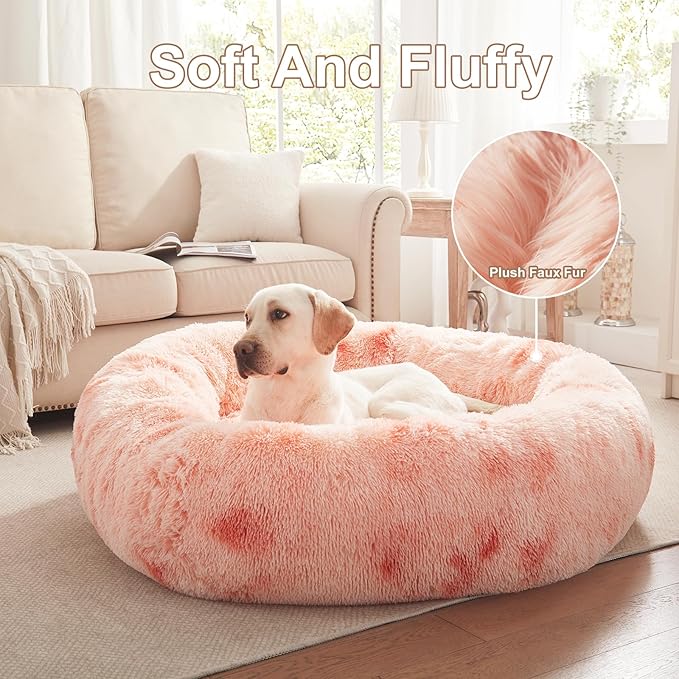 45 inches Donut Dog Bed for Extra Large Dogs,Calming Fluffy Round Jumbo Pet Bed with Removable & Washable Cover, Fits up to 120 lbs Pets (Tie-dye Pink,XL)