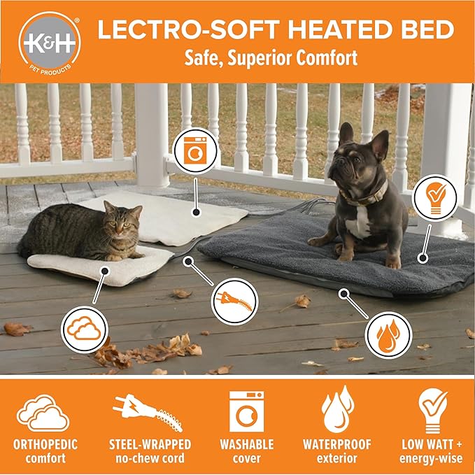 K&H Pet Products Lectro-Soft Orthopedic Outdoor Heated Dog and Cat Bed for Medium Dogs or Big Cats, Soft/Flexible Safety Listed Warming Pad, Waterproof, Washable Cover - Medium 24 X 19in Tan 40W