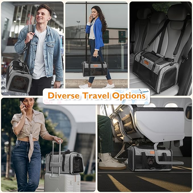 PETUX Cat Travel Carrier with Litter Box - 17"x11"x9.5", TSA Airline Approved, Underseat, Soft Sided Pet Carrier for Small Cats Under 12 lb with Safety Zipper, Anti-Scratch Mesh - Grey