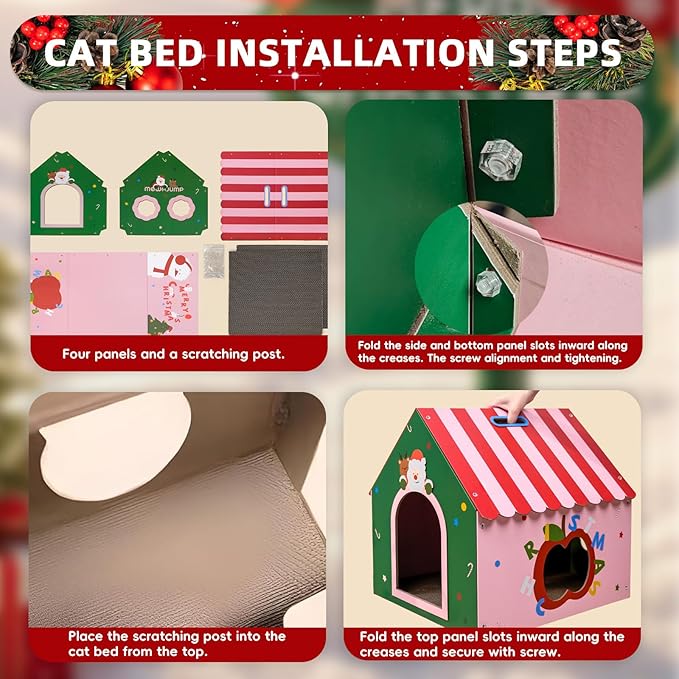 WUGO Christmas Cat Scratcher House - Cardboard Cat House with 2pcs Scratching Pad 16.5"x16"x17" Christmas Decorations Scratcher for Kitty Play House for Indoor Cats’ Birthday Cats Xmas Red