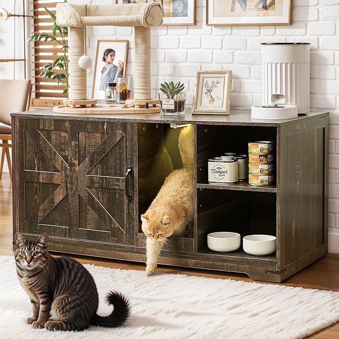 Litter Box Enclosure, Hidden Litter Box Furniture Cabinet with Storage, Cardboard and Sensor Light, Wood Indoor Cat House Washroom, Farmhouse Style, Rustic Brown