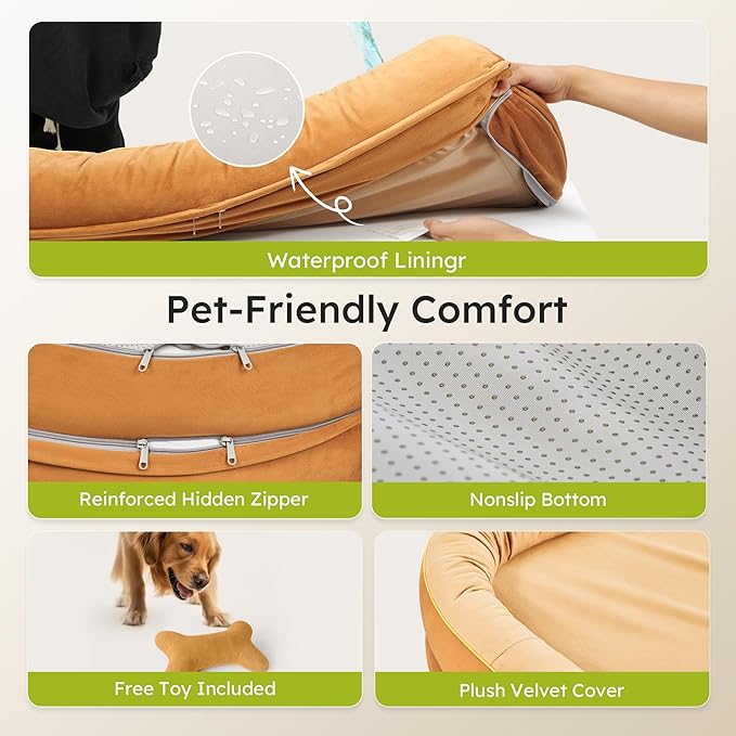 XXL Orthopedic Dog Bed, 53 in. Dog Bed for Large Sized Dogs with Full-Surround Bolsters, Dual-Sided Dog Cooling Beds with Memory Foam, Washable Pet Sofa Couch with Nonslip Bottom, Brown