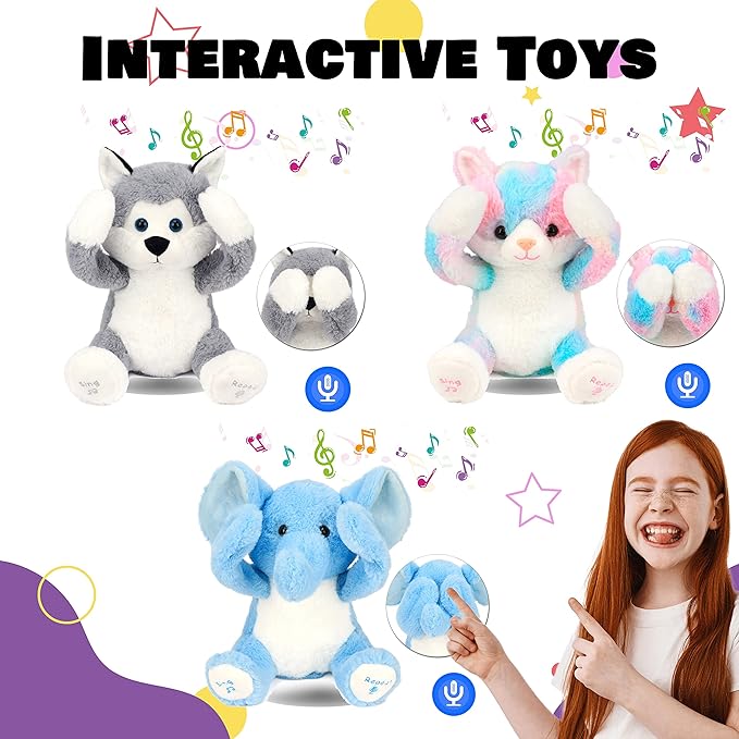 Hopearl Peek A Boo Husky Interactive Repeats What You Say Plush Dog Toy Musical Singing Talking Stuffed Animal Adorable Electric Animate Birthday Festival, Gray, 11.5''