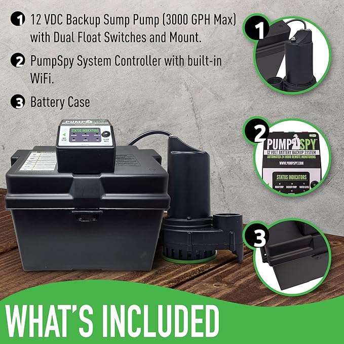PumpSpy PS2000 WiFi Battery Backup Sump Pump System w/Internet Monitoring & Alerts, Sump Pump Battery Backup That Connects to 24/7 Remote Monitoring Service, Compatible w/PumpSpy App