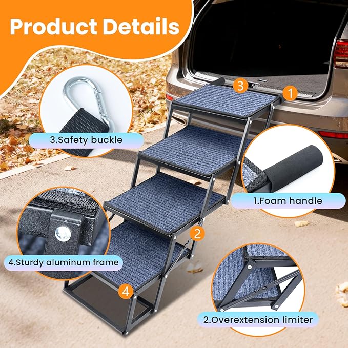 Dog Stairs for Car, 42''x 17'' Extra Wide Dog Stairs for Large Dogs to 250 LBS, Portable Dog Steps with Removable Non-Slip Surface, 4 Steps Foldable Dog Ramp for Car, SUV, High Bed/Couch