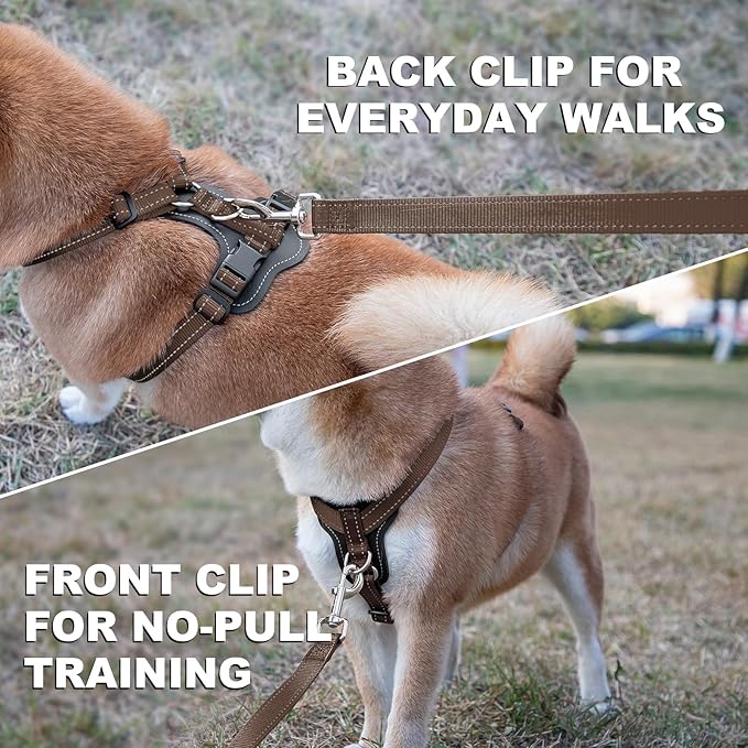 Plutus Pet Adjustable No Pull Dog Harness with Leather Accents, Heavy Duty Reflective Nylon Vest for Training, Hiking, Easy Walk Harness for Small, Medium, Large Dogs (Chocolate, L)