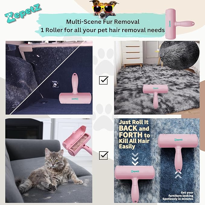 Pet Hair Remover Roller – Reusable Self-Cleaning Fur Removal Tool for Dogs & Cats – Ergonomic & Eco-Friendly Lint Roller for Couch, Carpet, Bed, Car Seat & More (Pink)