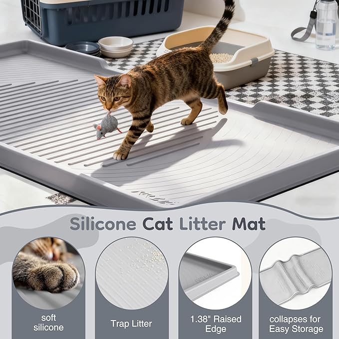 ISSEVE Cat Litter Mat 54" x 27.5" XXL, Extra Large Silicone Mat for Litter Box, 1.38" Raised Edge Urine Proof Litter Trapping Mat Pad for Scatter Control, Soft on Kitty Paws, Protect Floor (Grey)