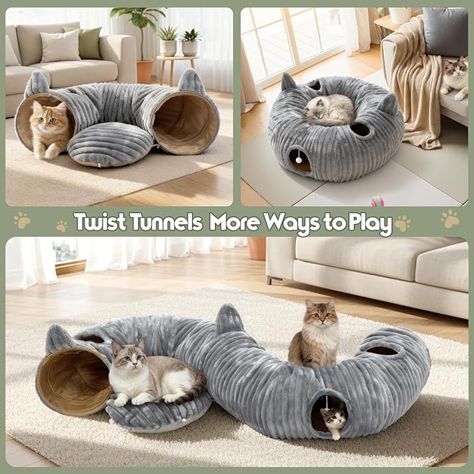 OurWarm Cat Tunnels for Indoor Cats - Round Cat Tunnel Bed with Removable and Washable Circle Cushion, Donut Cats Play Tunnel, Kitten Toys with Ear Sounds for Kitten/Puppy/Rabbit, Grey