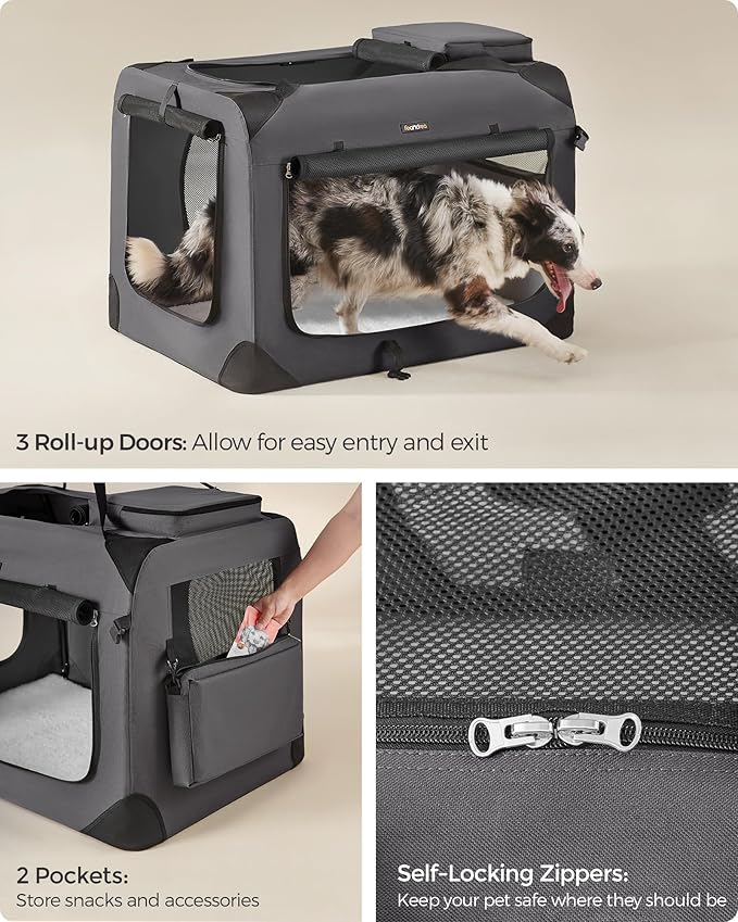Feandrea 36 Inches Collapsible Soft Dog Crate, Portable Travel Dog Crate for Indoor and Outdoor Use, Dog Carrier Kennel with Safety Zippers, for Living Room, Car, Travelling, Camping, Gray UPDC90G01