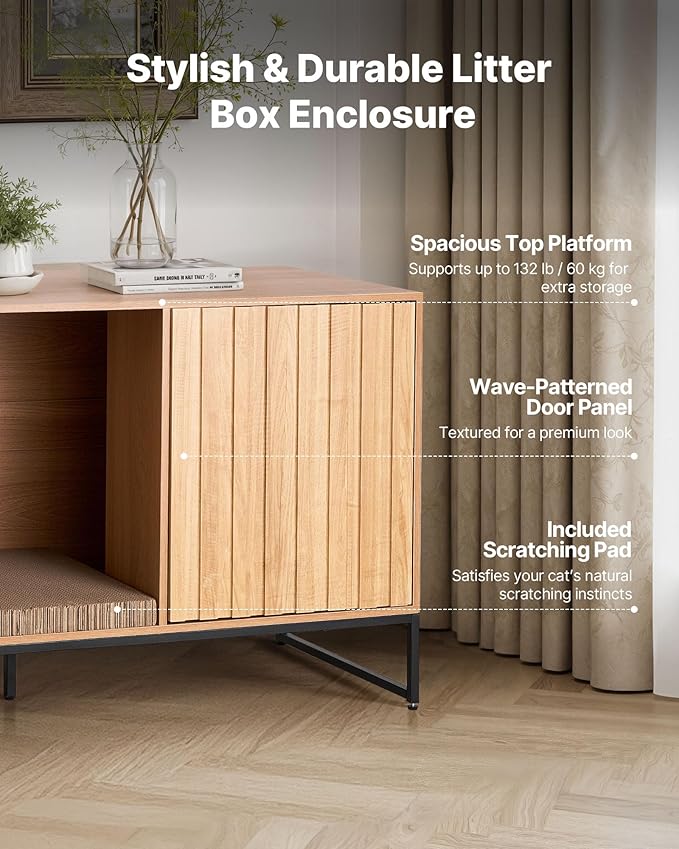 VEVOR Cat Litter Box Enclosure Furniture, 47.2 in Hidden Litter Box Cabinet with Scratch Pad & Storage, Waterproof Cat Washroom End Table Cat House, Fit Most of Litterbox, for Bedroom Living Room