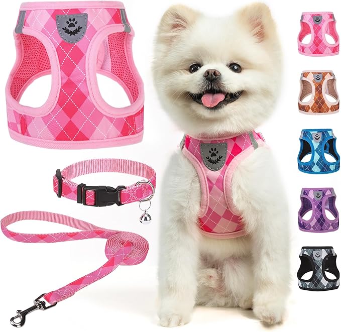 SCENEREAL Small Dog Harness and Leash Collar Set, Step in No Pull Soft Mesh Dog Harnesses for Small Medium Sized Dogs Puppy and Cats Outdoor Walking, No Chock Reflective Vest Harness, Pink Plaid S