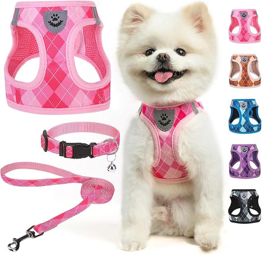 SCENEREAL Small Dog Harness and Leash Collar Set, Step in No Pull Soft Mesh Dog Harnesses for Small Medium Sized Dogs Puppy and Cats Outdoor Walking, No Chock Reflective Vest Harness, Pink Plaid S