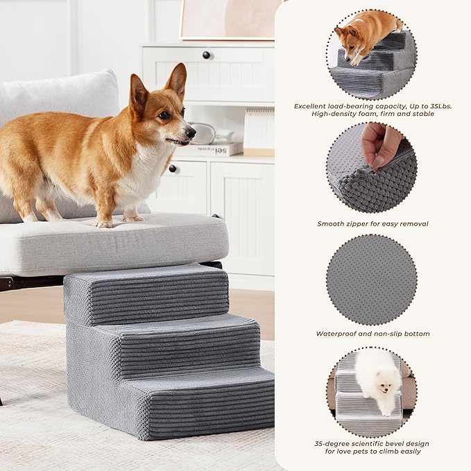 HYLEORY Dog Stairs for Bed 13.5''H, 3-Step Pet Stairs for Small Dogs Cats, Sturdy Pet Steps with Non-Slip Bottom, Functional Portable Dog Ramp for Couch/Chair/Sofa/Car, Storage Pocket, Grey-Light Grey