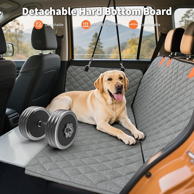 HOTEAGLE Dog Seat Covers for Back Seat, Hard Bottom Back Seat Extender for Dogs, 600D Upgraded Material Waterproof and Comfortable with 400lbs Holds, Ideal for Car Trips and Outdoor Adventures（Grey）