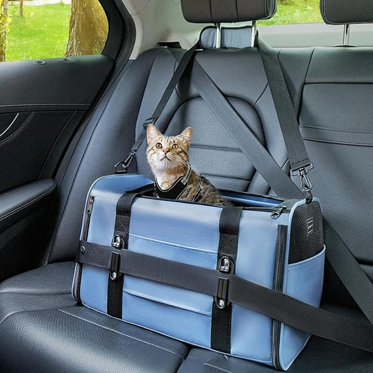 PETSFIT Cat Car Carrier for Small/Medium Cats Dogs, 18"x11"x11" Airline Approved Cat Carrier, with Patent Safety Buckles and Escape-Proof Zipper - Safeguarding Car Travel, Airplane, Vet, Outdoor