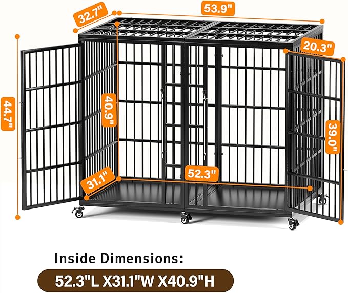 VERIFURTY 54 Inch Heavy Duty Dog Crate for Extra-Large Dogs with Self-Locking Latch, Escape-Proof Steel Kennel Indoor, XXL Large Double Door Metal Pet Cage with Wheels, Great Dan