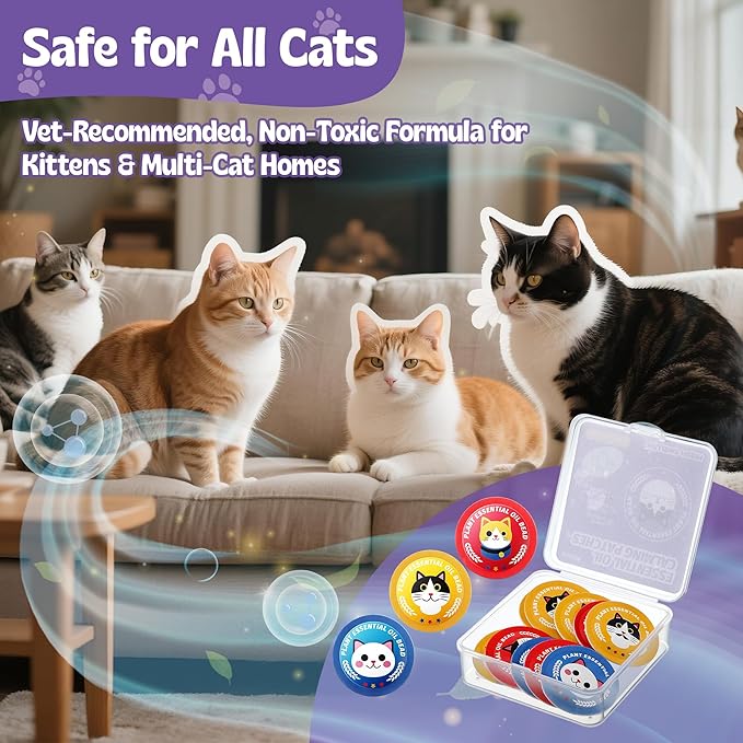 Cat Calming Patches for Travel, Car & Home Use, Pheromone & Natural Essential Oil Calming Diffuser for Cats & Kittens to Reduce Anxiety and Stress, Long Lasting & Non Toxic, 10 Count