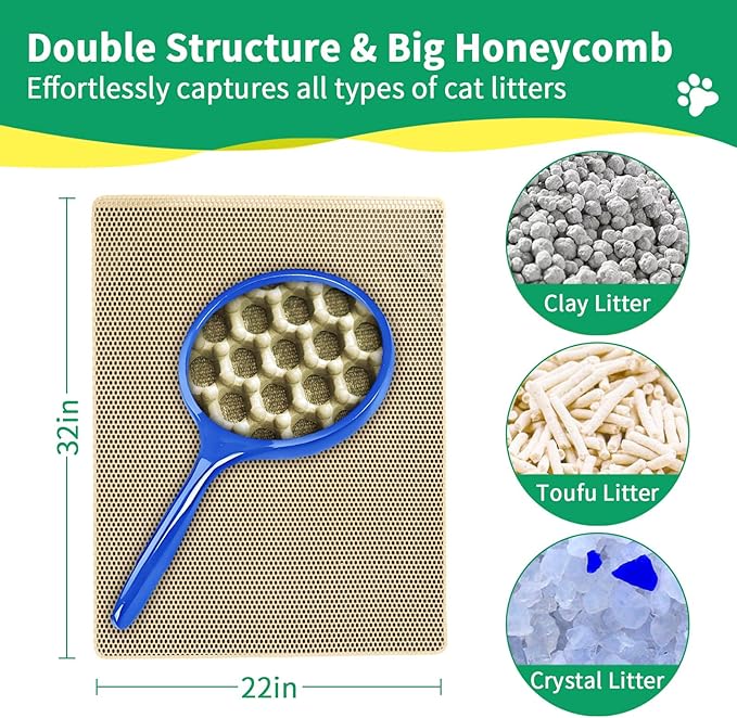 GRELY Cat Litter Mat,32"x22" Litter Box Mat,2 Layer Litter Trapping Mat for Indoor Cats,Litter Catcher Mats for Kitty Pet,Cat Rug. Non-Slip Waterproof Urine Proof, Collapsable